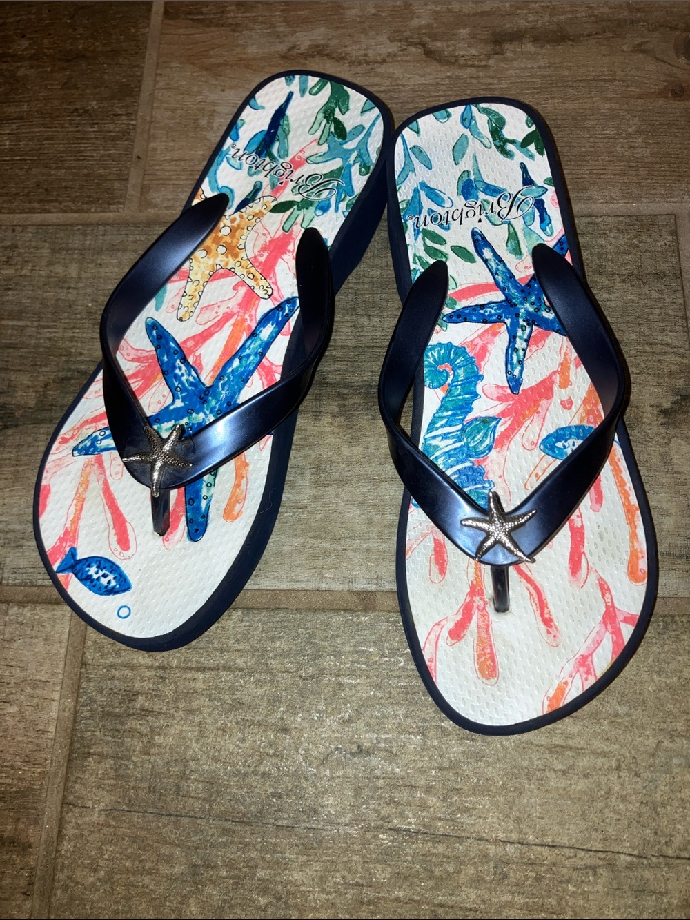 Brighton Scuba Wedge Flip Flops - Navy with Starfish Adornment